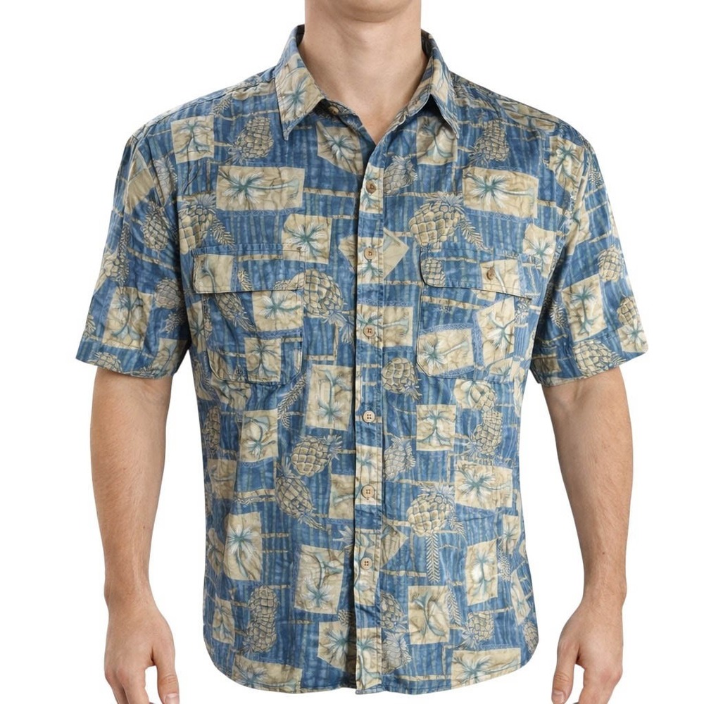 Campia Moda Hawaiian Aloha Shirt‎ Medium Floral Palm Trees Pineapples Blue Brown